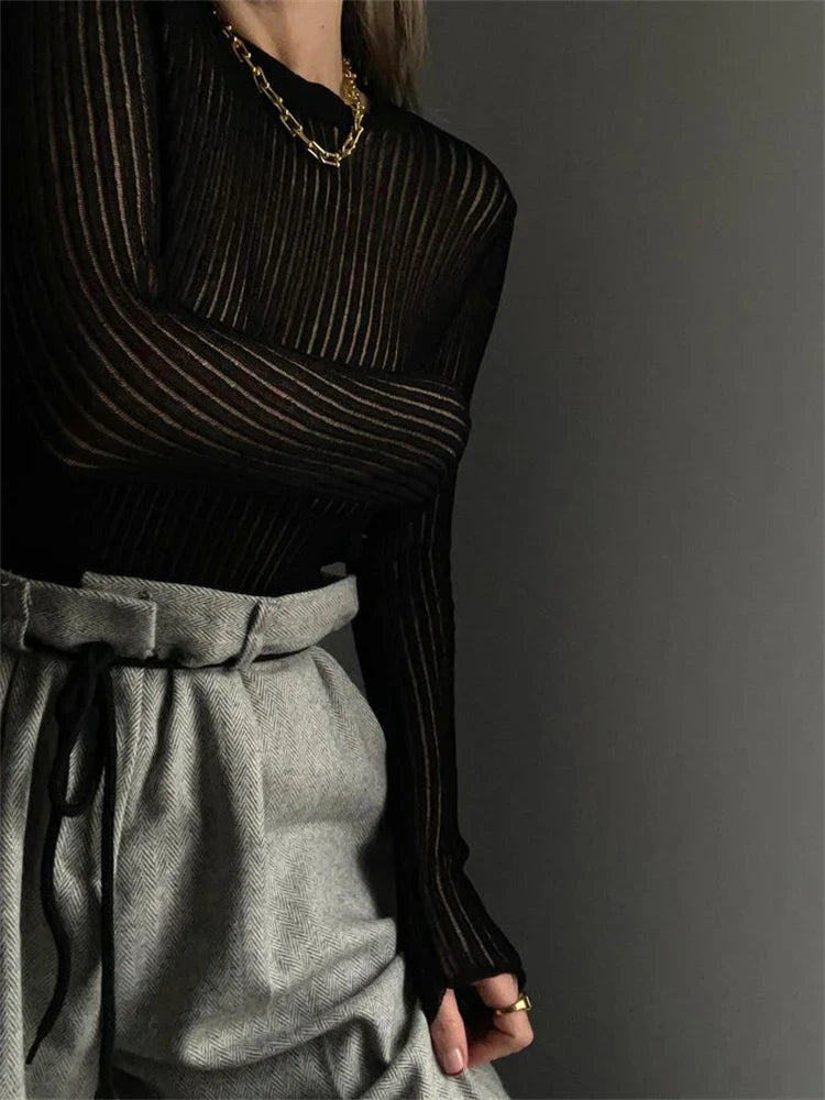 Yipinpay White Ribbed Knit T-Shirts Ladies See-Through Rib Sweater Tops Spring New Outfits Pullover Long Sleeve Casual Top Tees