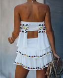 Yipinpay 2023 New Fashion Floral Print Romper Women White Bandeau Layered Ruffles Rompers