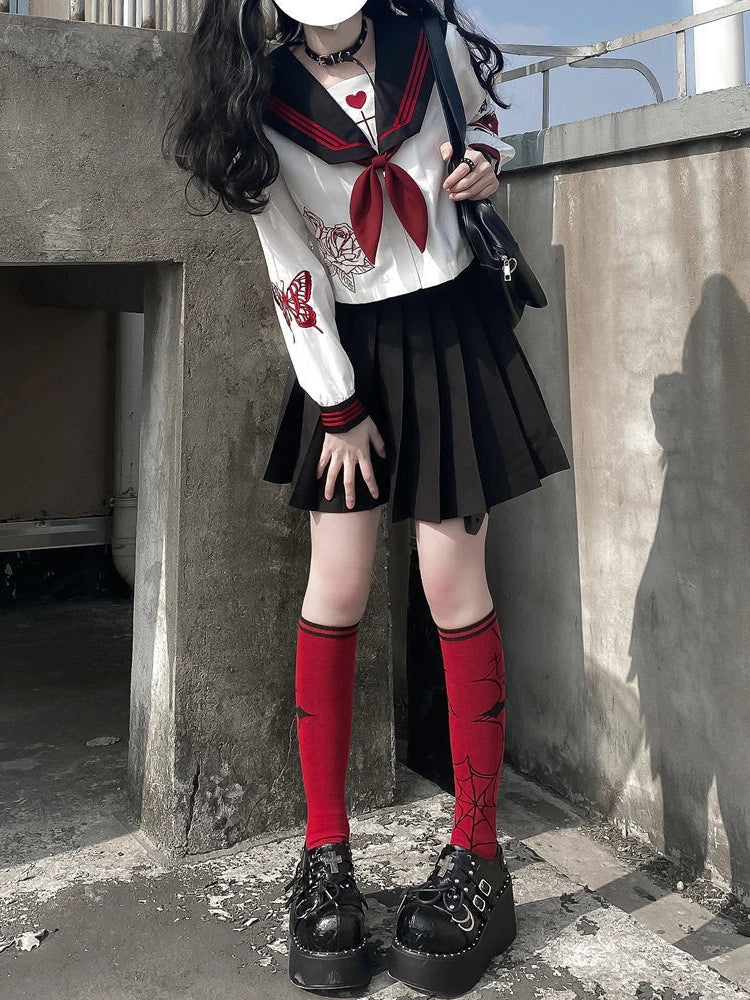 Yipinpay Women Preppy JK Suit Genuine Japanese Dark Jk Uniform Shirt + Black Pleated Skirt Punk Girl Embroidered Sailor 2pcs Suit