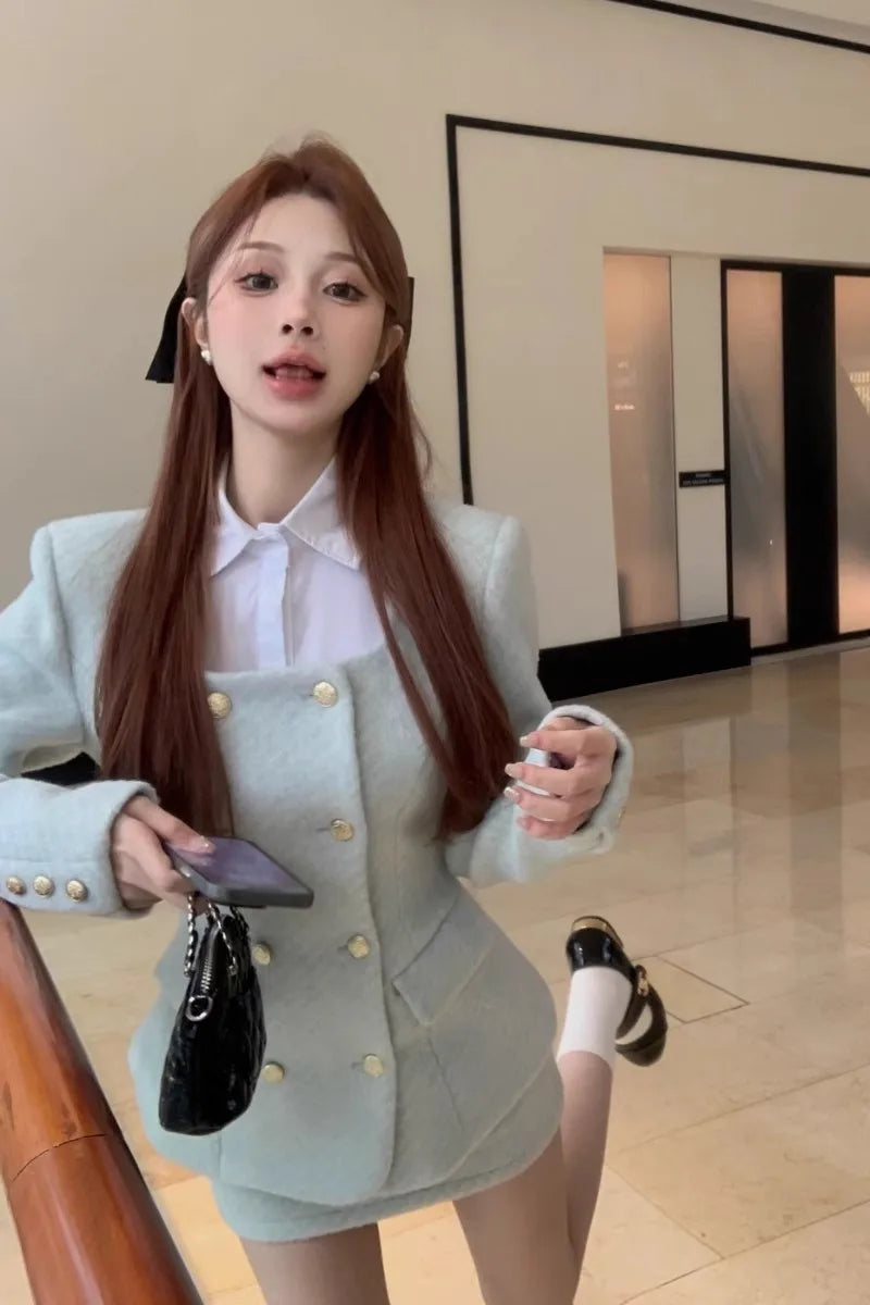 Yipinpay Hot Girl Suit for Women's Autumn/Winter Square Collar Woolen Jacket High Waisted Mini Skirt Two-piece Set Female Clothes
