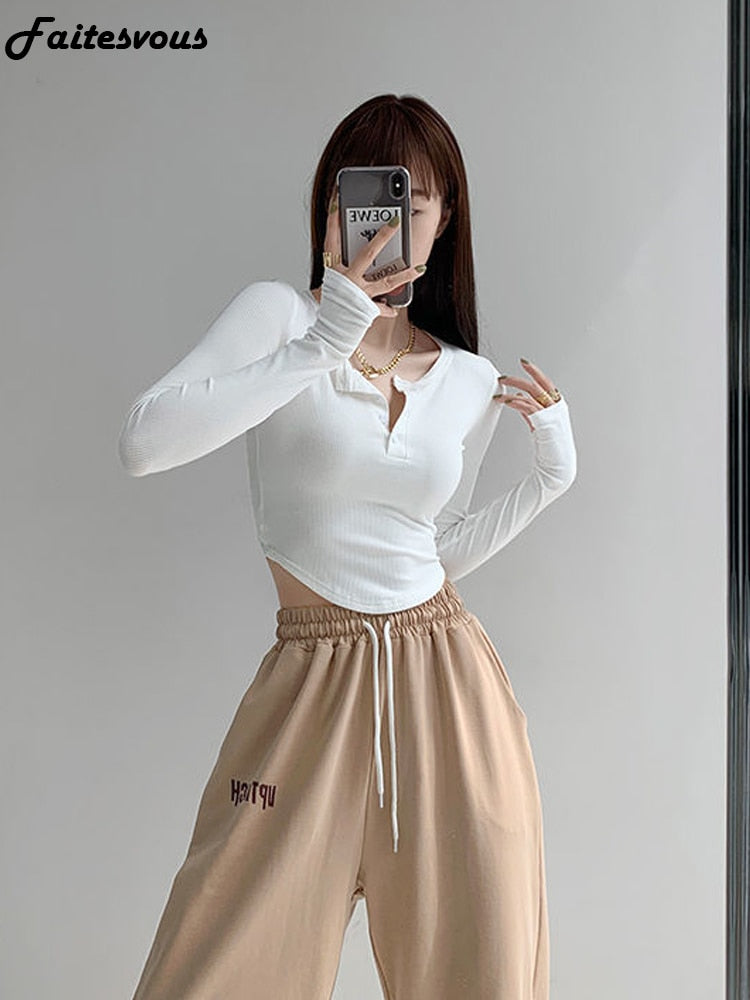 Yipinpay Long Sleeve T-shirt Women New Irregular Fitness O-neck Cropped Tops Woman Clothing Spring Autumn