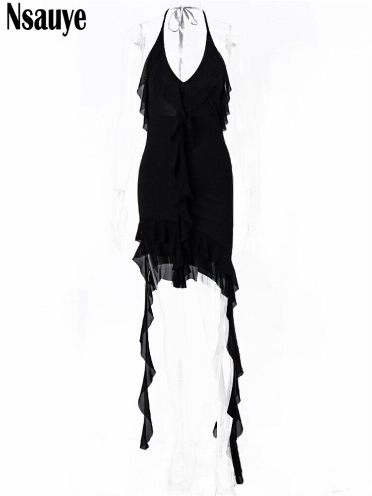 yipinpay 2023 Sexy Backless Women Lace Up Ruffles Halter Off Shoulder Mini Dress Club Fashion Party Evening Black Y2K Dress Summer