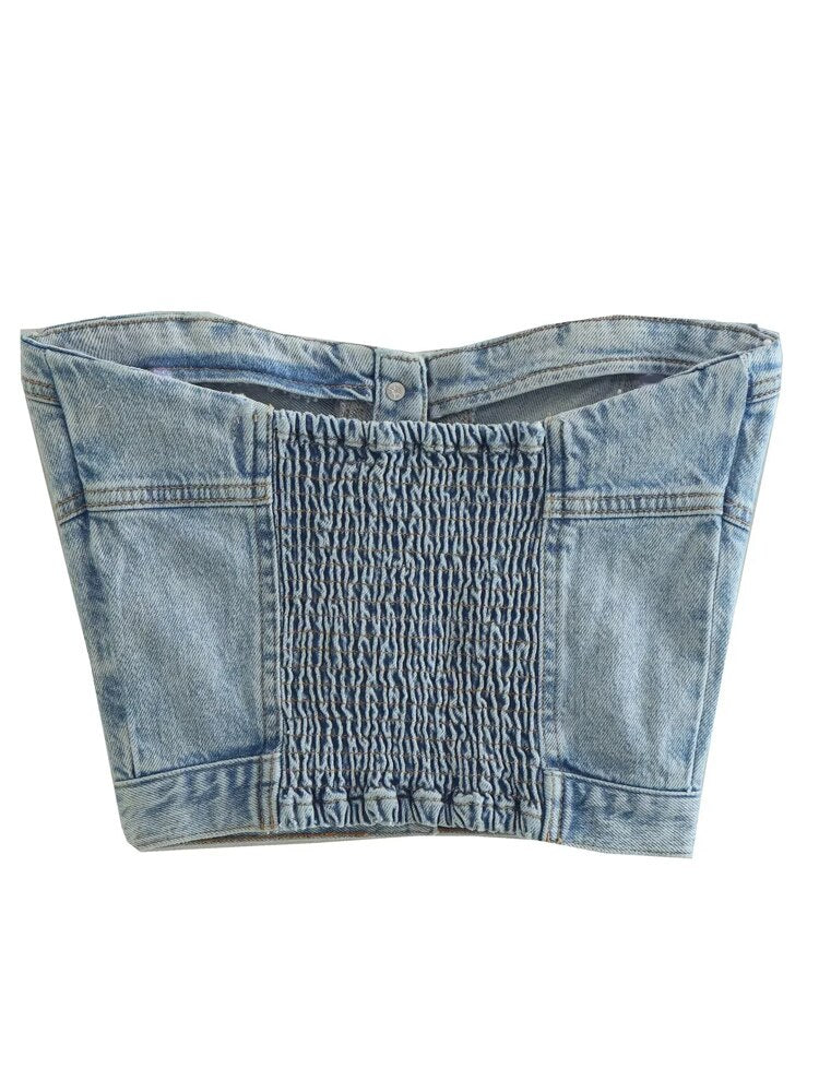 Yipinpay Blue Denim Corset Top Female Off Shoulder Crop Top Women Streetwear Y2k Sexy Tube Tops Woman Summer Button Up Bustier Tops