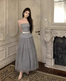 Yipinpay Sexy Hot Girl Suit Women's Autumn/Winter Diamond Buckle Belt Strapless Top High Waist A-line Yarn Long Skirt Two-piece Set