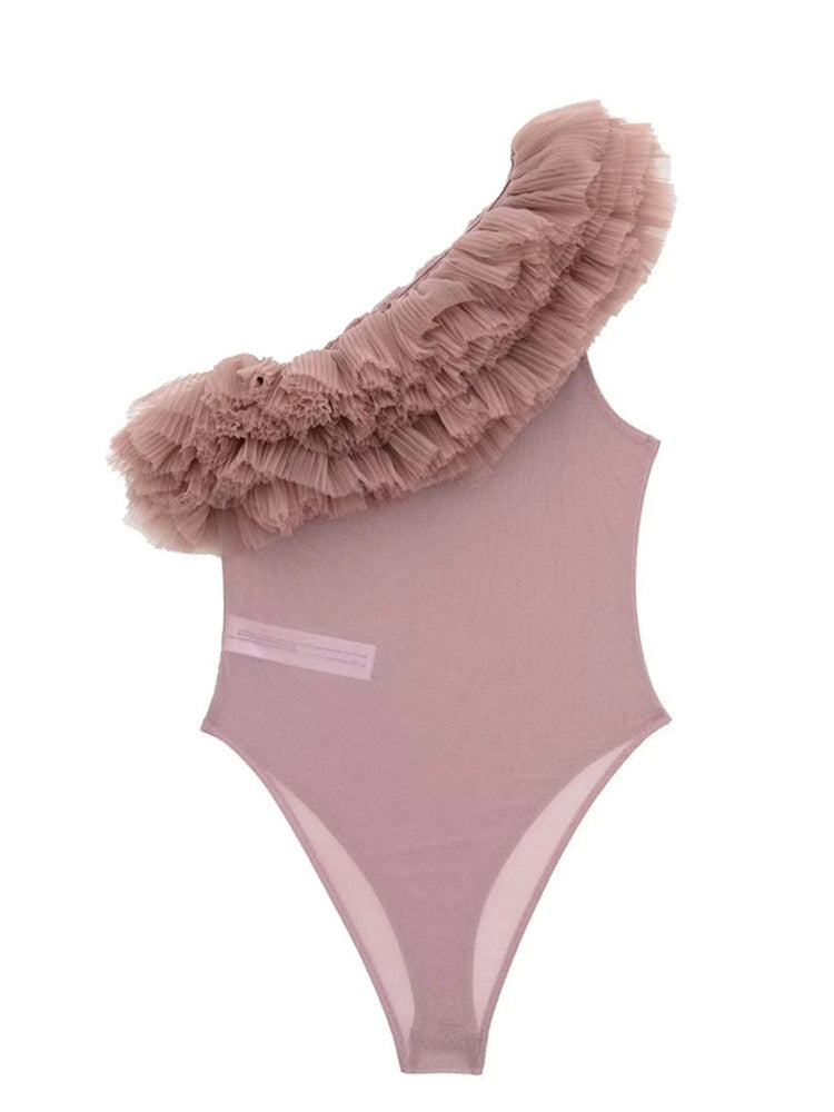 Yipinpay 2023 Pink Mesh Bodysuit Women Ruffle Body Woman Lingerie Sexy Tulle Bodysuit Off The Shoulder Asymmetrical Top Female