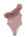 Yipinpay 2023 Pink Mesh Bodysuit Women Ruffle Body Woman Lingerie Sexy Tulle Bodysuit Off The Shoulder Asymmetrical Top Female
