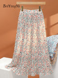 yipinpay 2023 Korean Stylish Pleated Skirts for Women Fairy Spring Summer Midi Skirt Ladies Printed Slim A-line Faldas Female