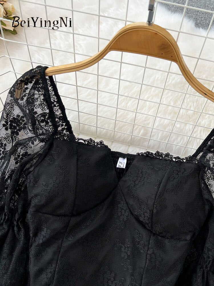 yipinpay 2023 Korean Fashion Elegant Lace Blusas Women Square Collar White Blouses Sexy Crop Top Shirts Female Black Camisas