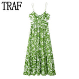 Yipinpay 2023 Cut Out Slip Long Dress Women Summer Green Floral Dress Woman Pleated Backless Sexy Party Dresses Beach Holiday Dress