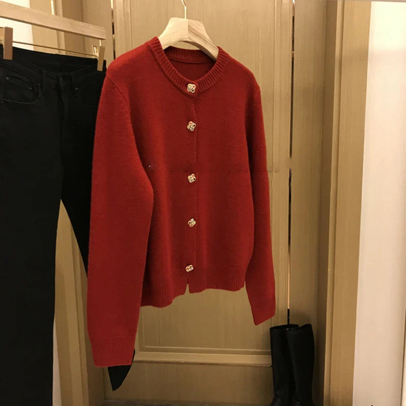 Yipinpay O-Neck Sweater French Elegant Single Breasted Women's Spring Autumn Winter New Fashion All-match Long Sleeve Top Coat