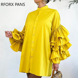 Yipinpay Women Chic Solid Fashion Stand Collar Long Sleeves Ruffle Design Casual Blouses Tops