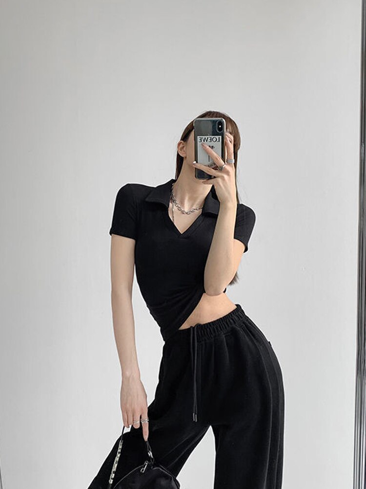 Yipinpay New Cropped Polo Shirts Women Summer Short Sleeve V-neck Y2k Tops Casual Fitting T-shirt Woman