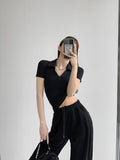Yipinpay New Cropped Polo Shirts Women Summer Short Sleeve V-neck Y2k Tops Casual Fitting T-shirt Woman