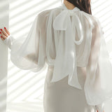 Yipinpay Fashion White Shirts Women French Loose Bow Blouse Female Elegant Turtleneck Puff Sleeve Tops 2023 New