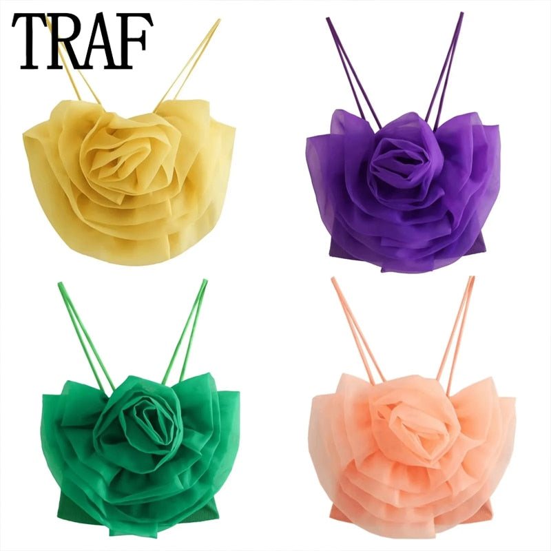 Yipinpay 2023 Flower Corset Top Female Off Shoulder Crop Tops For Women Organza Backless Summer Sexy Tops Woman Sleeveless Tank Top