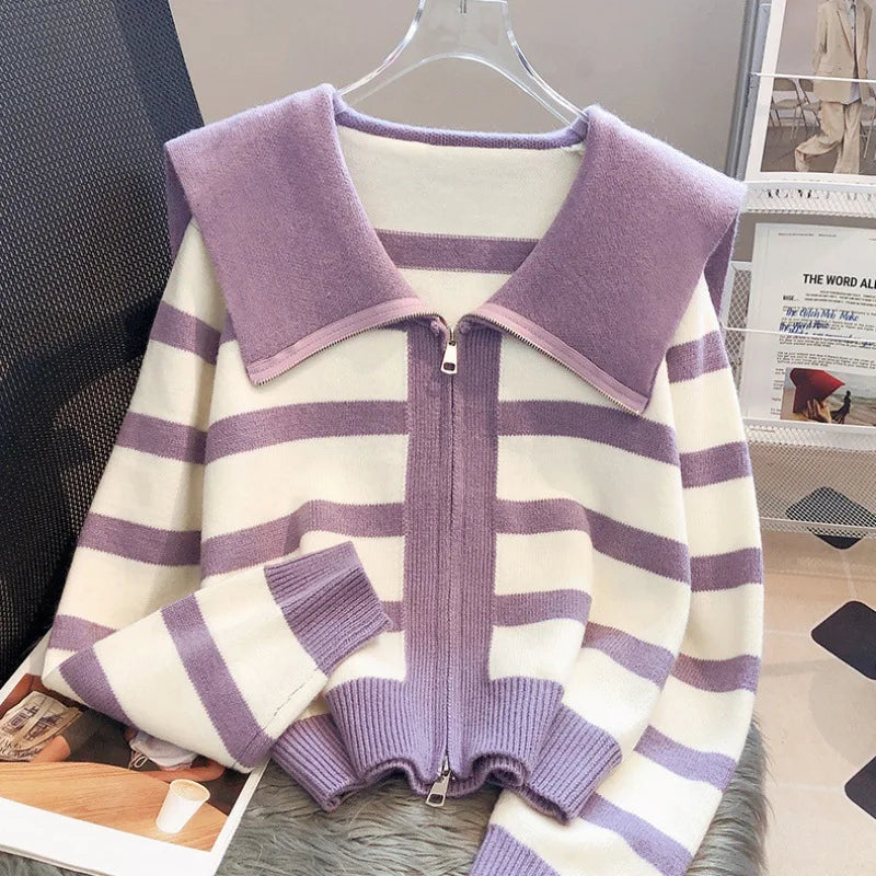Yipinpay Women's Knitted Stripe Sweater Sweet Preppy Style Peter Pan Collar Cardigan Top Spring Autumn 2024 New Zipper Fashion Outwear