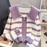 Yipinpay Women's Knitted Stripe Sweater Sweet Preppy Style Peter Pan Collar Cardigan Top Spring Autumn 2024 New Zipper Fashion Outwear