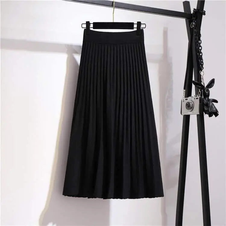 Yipinpay skirt women mid-length spring and autumn new 2024 elastic high waist thin a-line wool solid pleated long skirt female