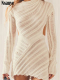 yipinpay 2023 Casual Summer Autumn Knitted Striped Pullover See Through Long Sleeve Dress Mini Wrap Sexy Club Hollow Out Dress