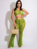 Yipinpay Summer Beach Wear Knit Outfits Women Hollow Out Crop Tops And See Through Straight Pant Suits Femme 2 Piece Matching Sets