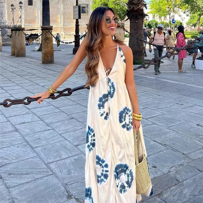 Yipinpay 2023 Print Backless Dress Woman Ruched Halter Long Dress Women Off Shoulder Midi Summer Dresses Sexy Beach Party Dresses