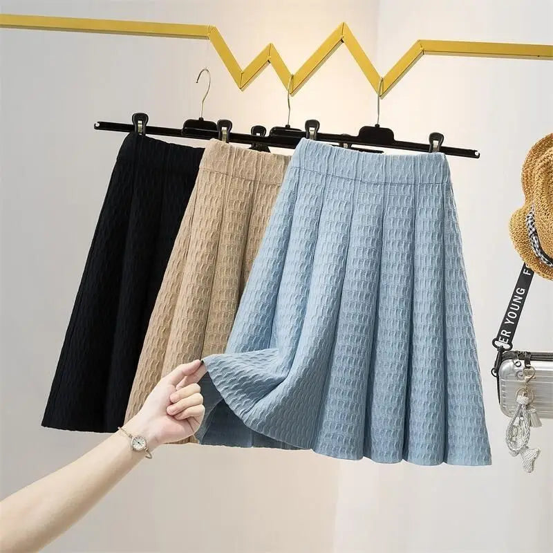 Yipinpay and Winter High Waist Knitted Half Skirt Women Versatile A-line Skirt Pleated Skirt Wearing Short Skirt Outside Women