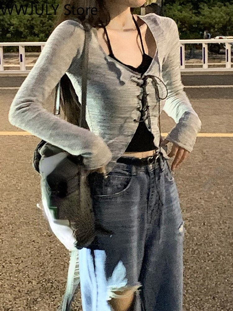 Yipinpay Summer Korean Fashion Suit 2 Piece Set Casual Strap Black Camis + Long Sleeve Knitted Crop Tops Thin Pure Color Blouse Chic