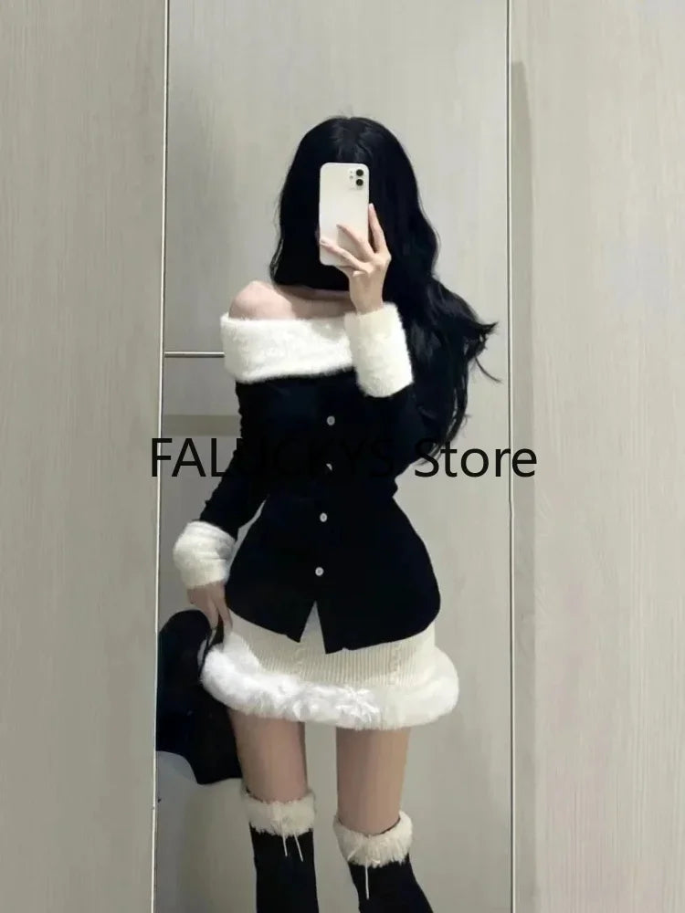 Yipinpay Girl Pure Sexy Suit Women's Autumn/Winter Off Shoulder Halter Neck Long-sleeved Top High Waist Mini Skirt Two-piece Set