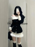 Yipinpay Girl Pure Sexy Suit Women's Autumn/Winter Off Shoulder Halter Neck Long-sleeved Top High Waist Mini Skirt Two-piece Set
