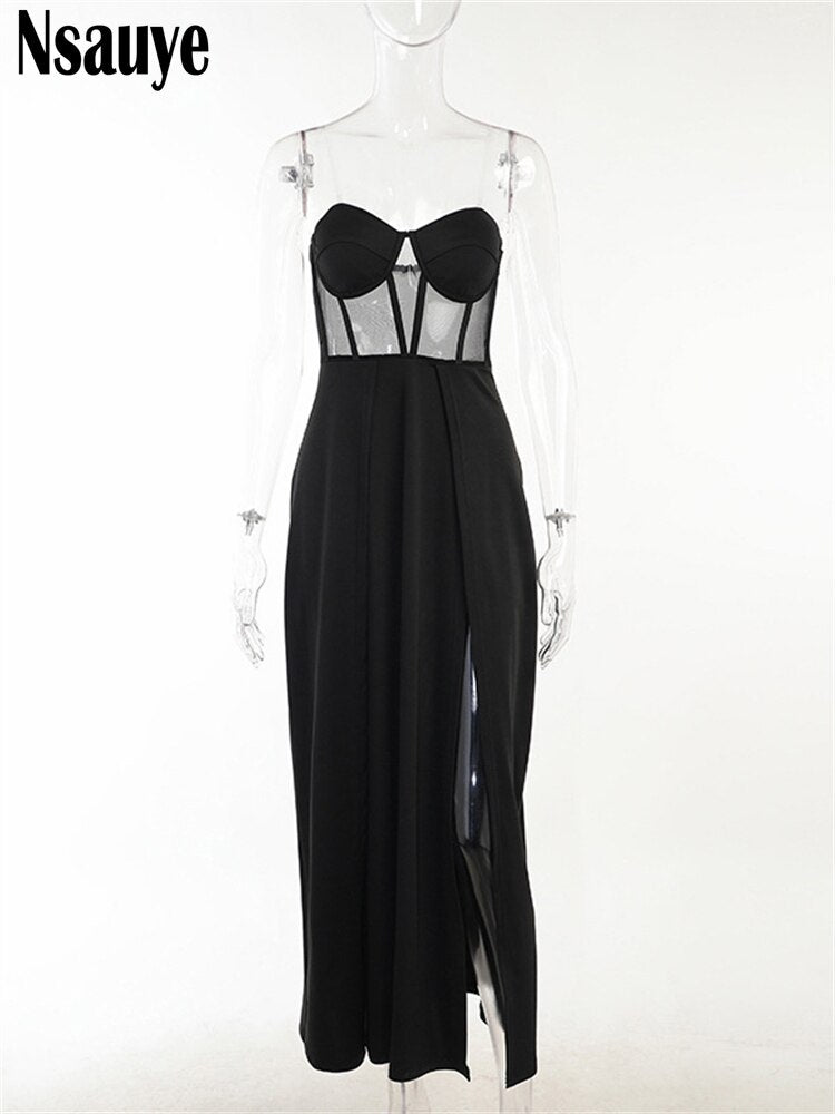 yipinpay 2023 Fashion Patchwork Women Off Shoulder Black Split Party Long Dress Sexy Backless Elegant Evening Bodycon Maxi Dresses