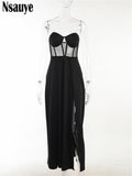 yipinpay 2023 Fashion Patchwork Women Off Shoulder Black Split Party Long Dress Sexy Backless Elegant Evening Bodycon Maxi Dresses