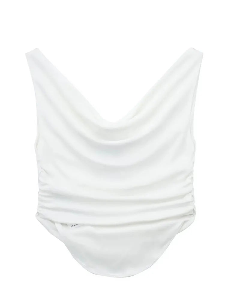 Yipinpay 2023 Pink Crop Top Women Ruched Tank Tops Y2k Streetwear Sleeveless Sexy Tops Woman Fashion Asymmetric Summer White Top