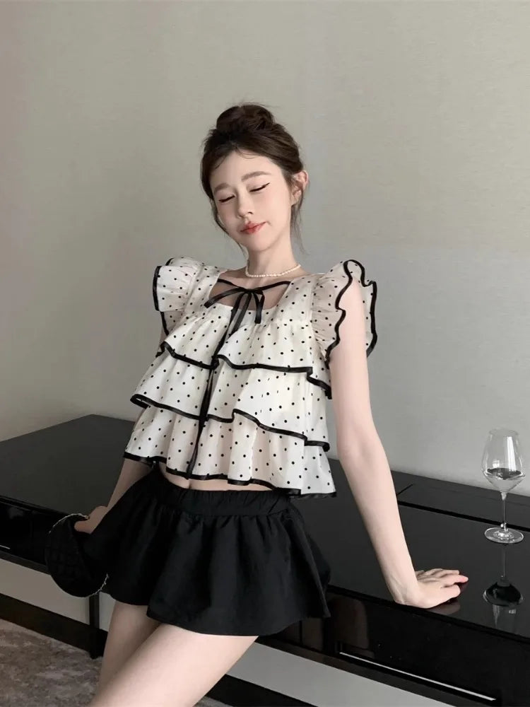 Yipinpay Sweet Shirts Women Polka Dot Lace Up Flying Sleeve Square Collar Crop Tops Slim Elegant Blouse Female Summer Casual