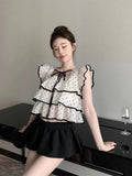 Yipinpay Sweet Shirts Women Polka Dot Lace Up Flying Sleeve Square Collar Crop Tops Slim Elegant Blouse Female Summer Casual