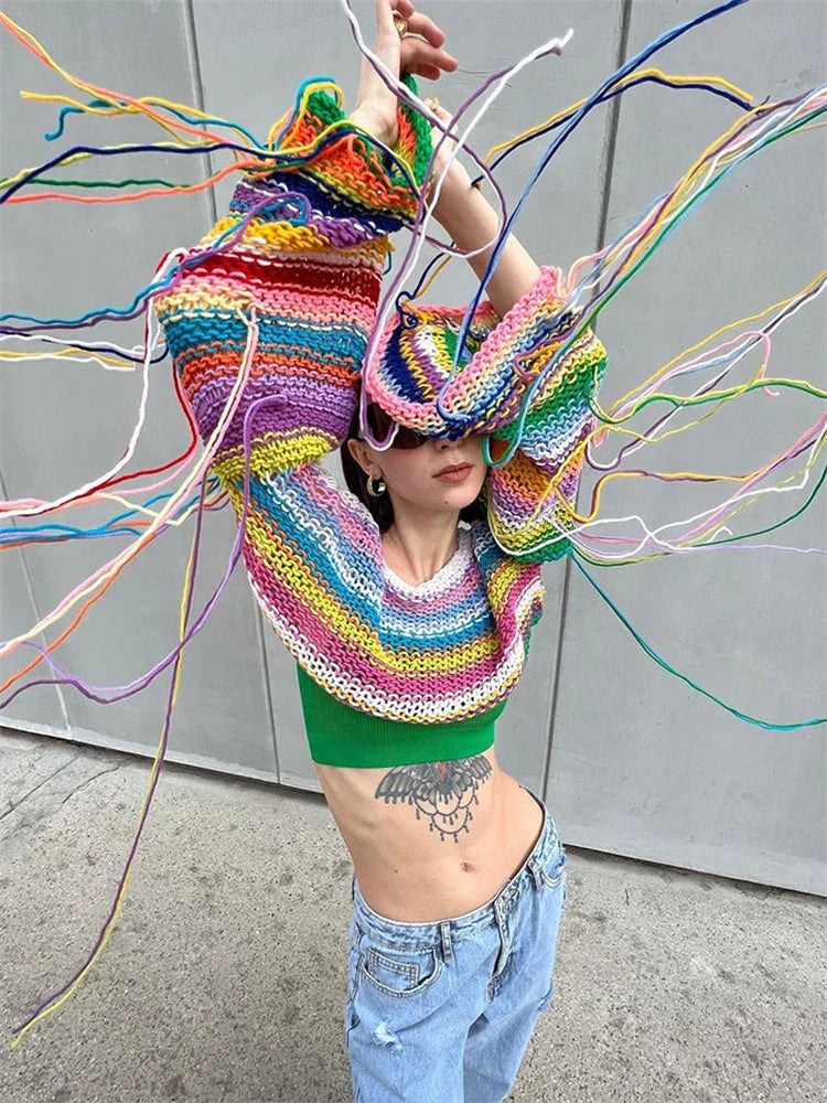 Yipinpay Tassel Contrast Holiday Sweater Pullovers For Women Loose Flared Sleeve Beach Boho Knit Female Cover up Pullover Crop top