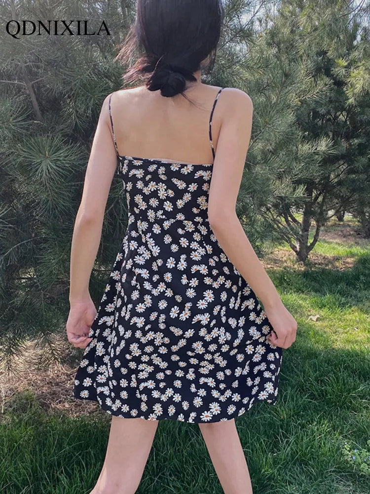 Yipinpay 2023 Floral Printed Women's Dress Vintage French Elegant Casual High Waist Thin Off Shoulder Sleeveless Midi Slip Dresses