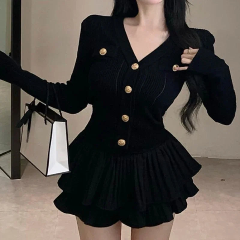 Yipinpay Summer Korea Fashion Knitted Suit Black Slim 2 Piece Skirt Set Casual Elegant Sweater + Women Outwear Casual Y2k Mini Skirt