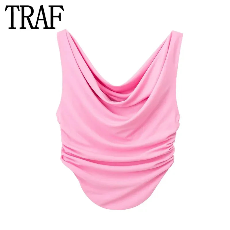 Yipinpay 2023 Pink Crop Top Women Ruched Tank Tops Y2k Streetwear Sleeveless Sexy Tops Woman Fashion Asymmetric Summer White Top