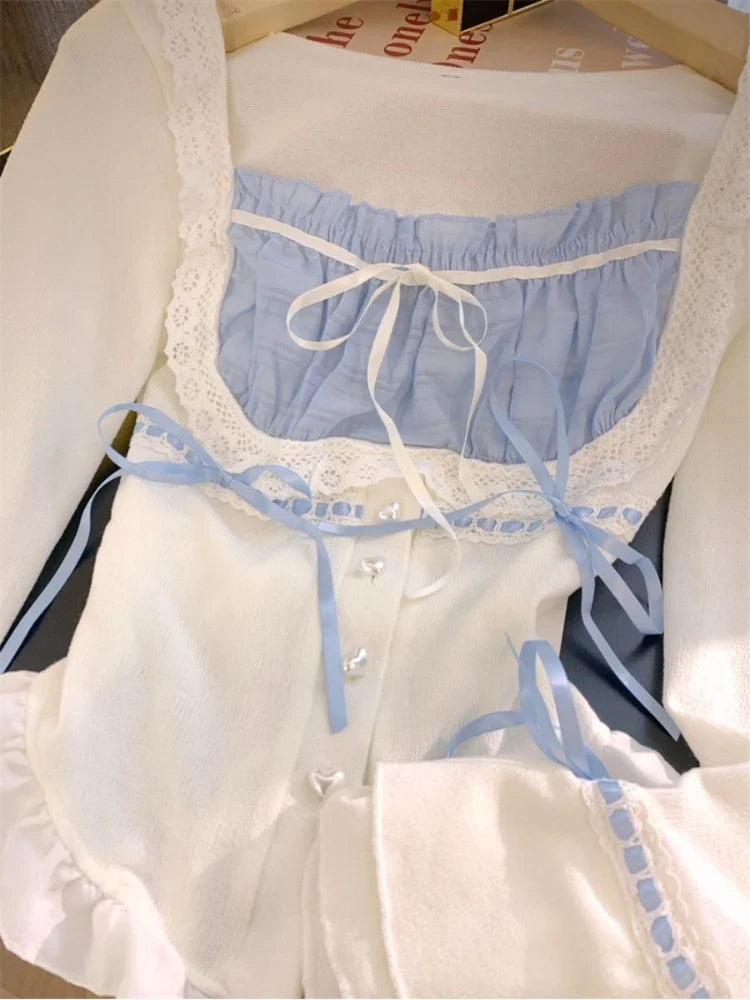 Yipinpay Spring Janpan Style Kawaii 2 Piece Skirt Sets Women Casual Sweet Crop Tops + Outwear High Waist Slim Mini Skirt Lolita Suit