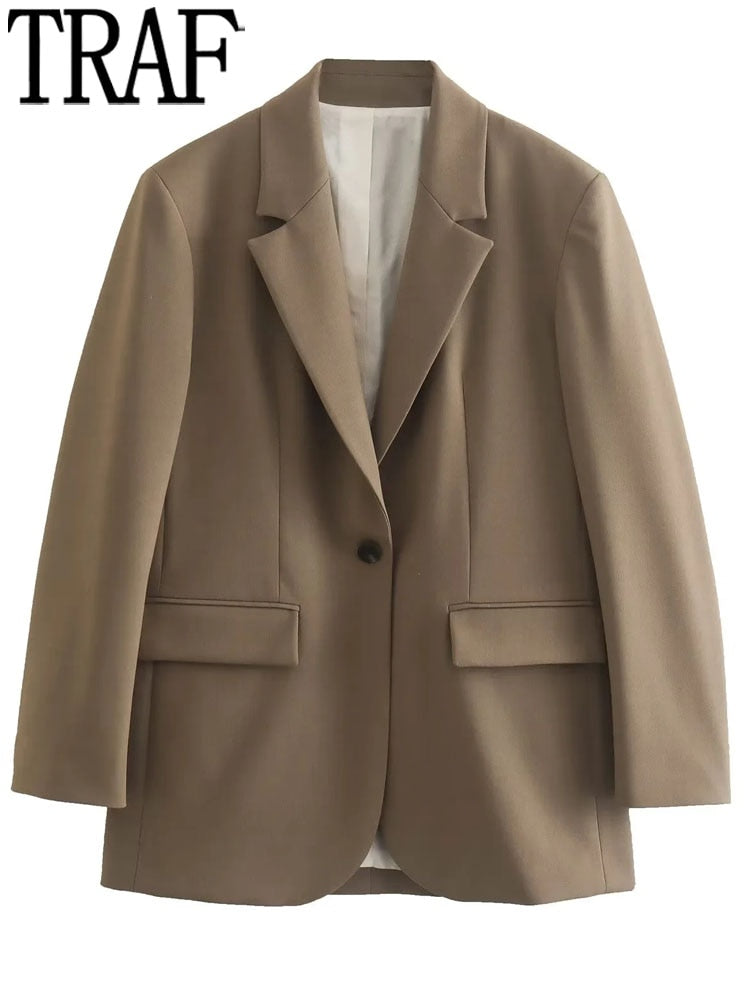 Yipinpay 2023 Brown Long Blazer Women Oversize Blazer Woman Long Sleeve Women's Spring Jacket Office Casual Elegant Womens Jackets