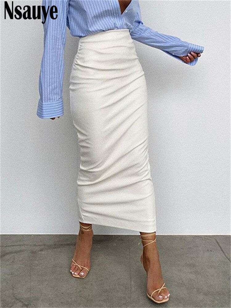 yipinpay 2023 Fashion Women Black White PU Leather Long Skinny Skirt Sexy Club Y2K High Waisted Split Skirt Autumn Winter 2023