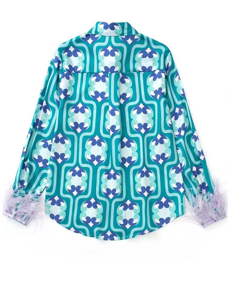 Yipinpay 2023 Print Feather Top Female Baggy Button Up Shirt Woman Feather Cuffs Women Shirt Long Sleeve Summer Blouses And Shirts