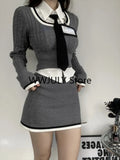 Yipinpay Knitted Suit Woman Y2k Crop Tops Sweater + Casual Shirt + Slim Bodycon Mini Skirt Korean 3 Piece Set Skirt 2024 Autumn