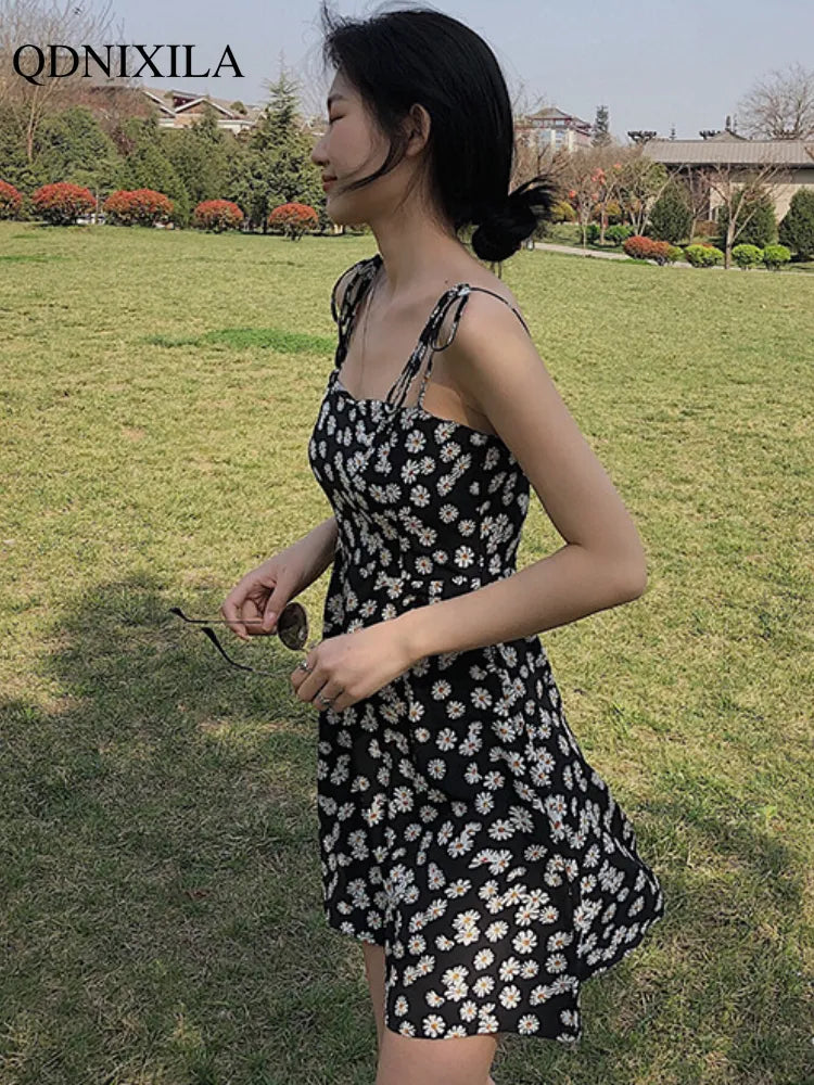 Yipinpay 2023 Floral Printed Women's Dress Vintage French Elegant Casual High Waist Thin Off Shoulder Sleeveless Midi Slip Dresses