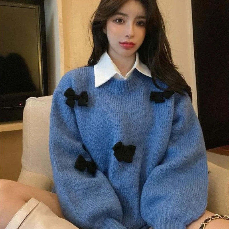Yipinpay Sweet Sweater Pullover Women Autumn Winter Loose Bow Outwear Knitted Tops O Neck Warm Female Jumper Casual Fashion