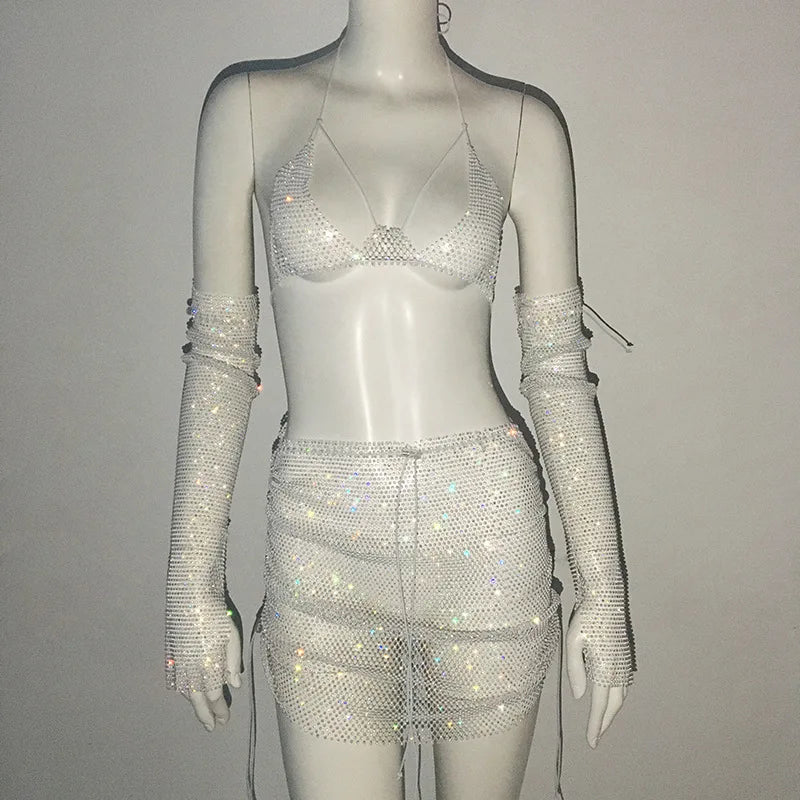 Yipinpay Women's Set Fishnet Rhinestone Dress Halter And Skirt And Arm Cuff Dress Lady's Temperament Elegant Three-Piece Outfits