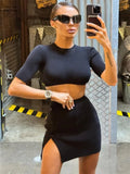 Yipinpay White Knitwear 2 Piece-Set Women Ribbed Short Sleeve Cropped Pullover Sweater And Mini Skirt Sets Female Outfits Summer