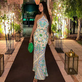 Yipinpay 2023 Halter Backless Dress Woman Vintage Print Long Dress Women Summer Off Shoulder Sexy Dresses Elegant Party Dresses