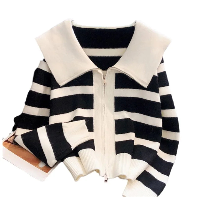 Yipinpay Women's Knitted Stripe Sweater Sweet Preppy Style Peter Pan Collar Cardigan Top Spring Autumn 2024 New Zipper Fashion Outwear