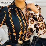 Yipinpay Women Chic Fashion Chain Pattern Turn Down Collar Long Puff Sleeves Casual Blouses Tops